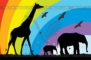 Giraffe and elephants - vector image