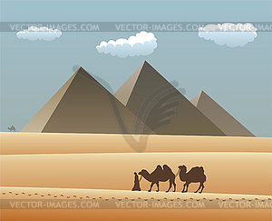 Camels and bedouin in desert - vector clipart