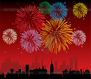 Vector fireworks over a city - royalty-free vector clipart