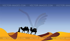 Вектор верблюдов и бедуинов в пустыне - векторное изображение