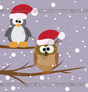 Сова и пингвин с шляпы Санта ` - векторный клипарт EPS