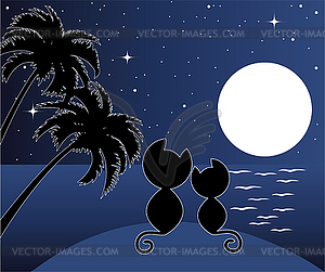 Two cats in love under palms - vector clipart