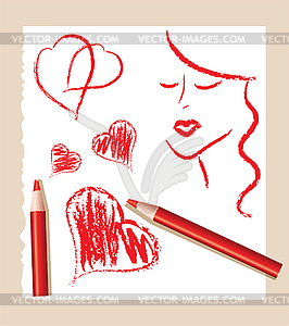 Pencil sketch of red hearts and beautiful woman - vector clip art