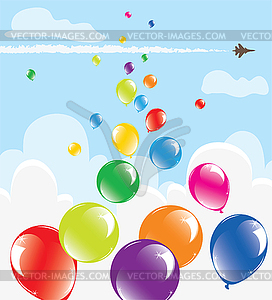Bunch of colorful balloons in sky - vector clip art