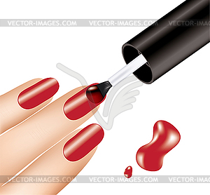 Женщина наносит красный лак на ногти на пальцах - изображение в векторном формате