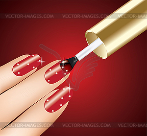 Женщина наносит красный лак на ногти - векторный клипарт EPS
