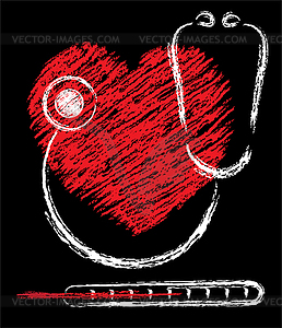 Heart, stethoscope and thermometer - vector image