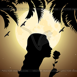 Silhouette of girl with flower under palm tree - vector clip art