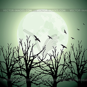 Big moon, trees and birds - vector clipart