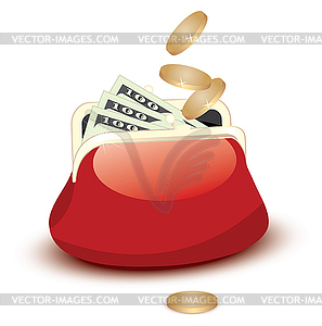 Wallet with dollar bills and falling coins - vector clipart
