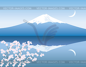 Mount Fuji, moon and branches of sakura - vector clipart / vector image