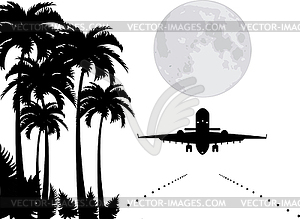 Palms, moon and plane over runway - vector image