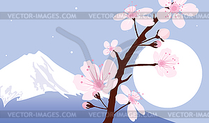 Mount Fuji, moon and branches of sakura (cherry) - vector clipart