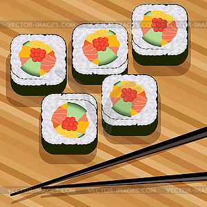 Sushi on bamboo mat and chopsticks - vector clipart