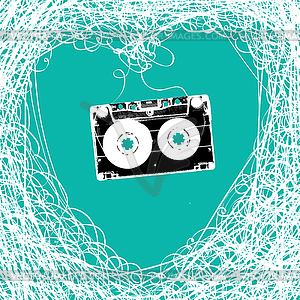 Old stereo audiocassette with tangled heart shaped - vector clip art