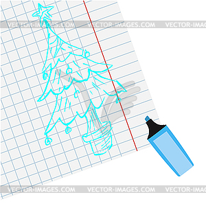 Marker painted blue Christmas tree on notebook sheet - vector clipart