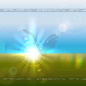 Sun over horizon with lens flares - vector clip art