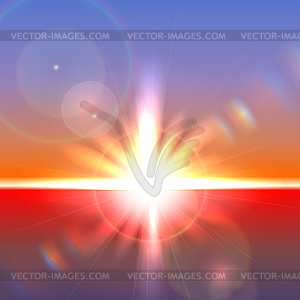 Sun over horizon with lens flares - color vector clipart