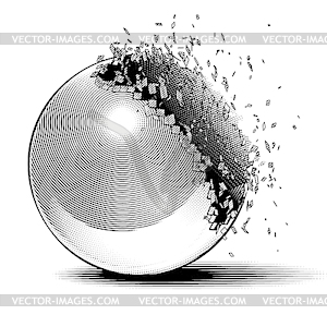 Engraving styled broken ball - vector clipart