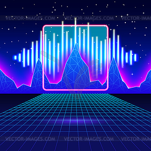 Ретро игровой неоновый фон с блестящей музыкальной волны - векторизованное изображение