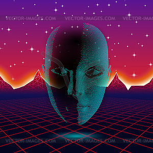 Retro wave shiny head silhouette over neon landscape - vector image