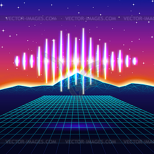 Retro gaming neon background with shiny music wave - vector image