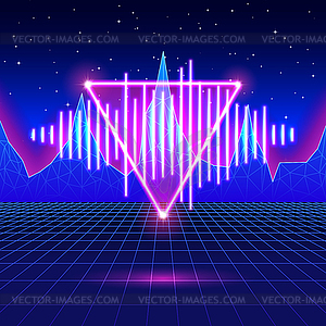 Ретро игровой неоновый фон с блестящей музыкальной волны - векторизованное изображение клипарта