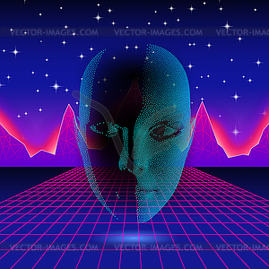 Retro wave shiny head silhouette over neon landscape - vector image