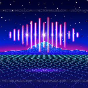 Retro gaming neon background with shiny music wave - royalty-free vector image