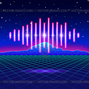 Retro gaming neon background with shiny music wave - royalty-free vector image