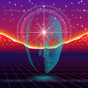 Retro wave shiny head silhouette over neon landscape - vector clip art