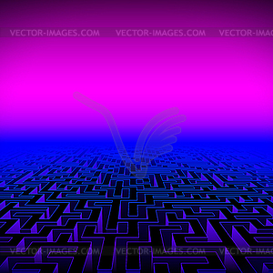 Retro gaming hipster neon landscape with labyrinth - vector clipart