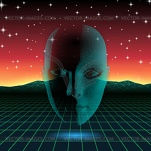 Retro wave shiny head silhouette over neon landscape - vector image