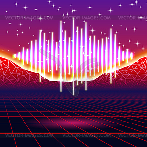 Ретро игровой неоновый фон с блестящей музыкальной волны - клипарт в векторном виде