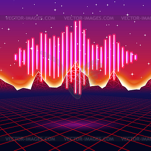 Retro gaming neon background with shiny music wave - vector clipart