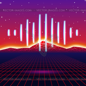 Retro gaming neon background with shiny music wave - vector clip art