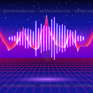 Retro gaming neon background with shiny music wave - vector image