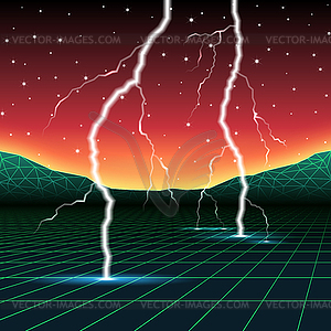 Neon new retro wave computer landscape with - royalty-free vector clipart