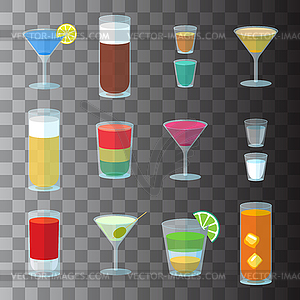 Set of cocktails in transparent glasses - vector clip art