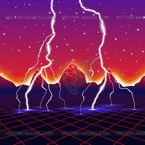 Neon new retro wave computer landscape with - royalty-free vector clipart