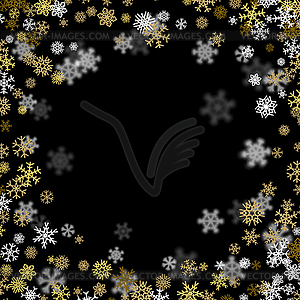 Snowfall background with golden snowflakes blurred - vector clip art