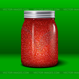 Glitter jar. Realistic object with shiny red - vector clip art