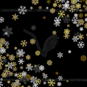 Snowfall background with golden snowflakes blurred - vector image