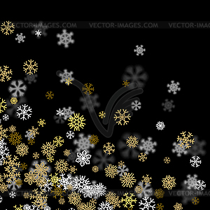 Snowfall background with golden snowflakes blurred - vector clipart