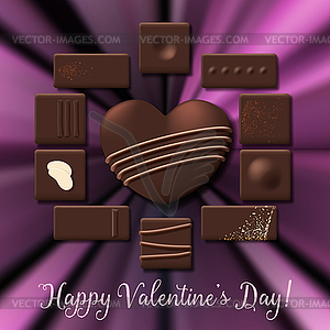 Valentines Day card with chocolate sweet candy hear - vector image