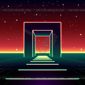 Neon 80s styled massive gate in retro game landscap - vector clipart