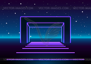 Neon 80s styled massive gate in retro game landscap - vector clip art