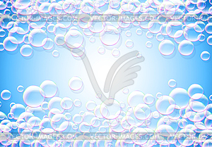 Soap bubbles abstract blue background with rainbow - vector clip art