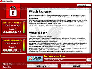 Cryptolocker virus interface window showing infecte - vector image