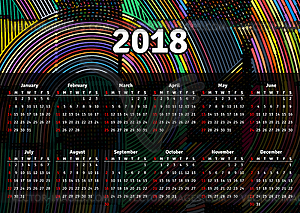 Календарь 2018 горизонтальный формат A4 начинается в воскресенье - цветной векторный клипарт